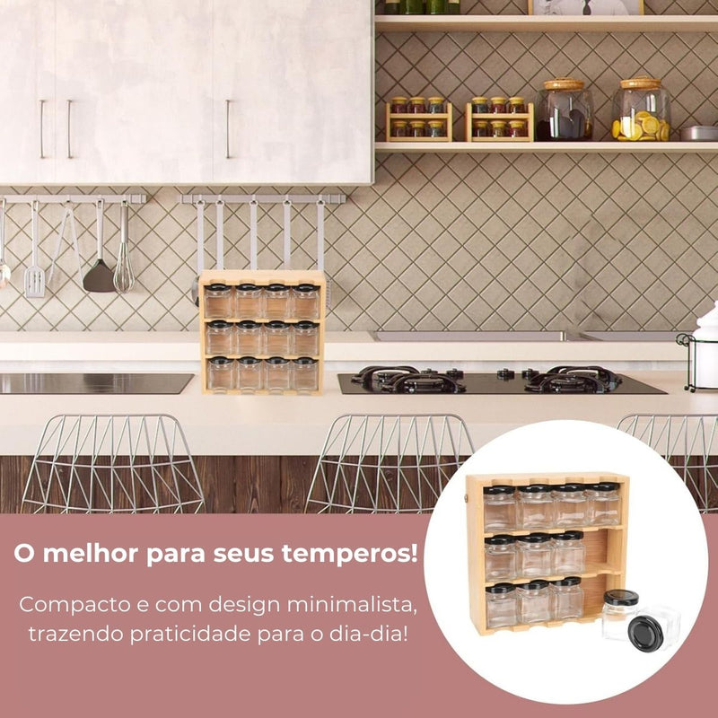 Porta Temperos em Bambu com 12 Potes Herméticos – Organização e Praticidade