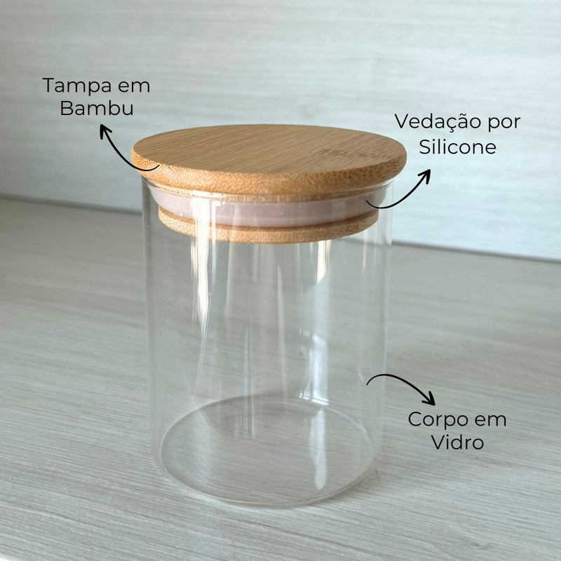 Kit 12 Potes Porta Tempero Hermético 200ml Com Organizador em Bambu Redondo
