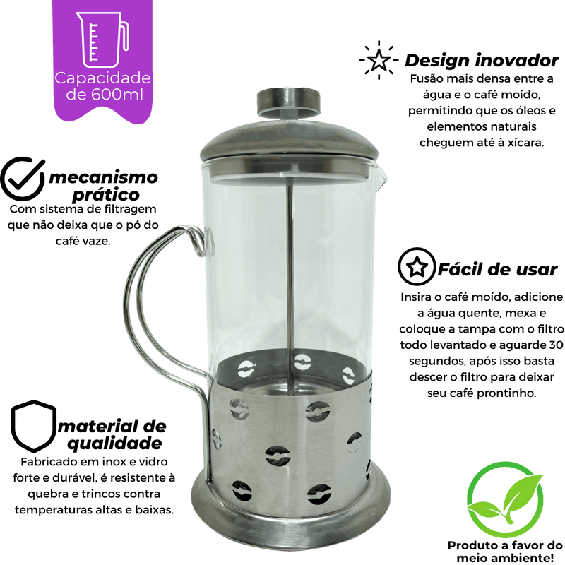 Cafeteira Prensa Francesa 600ml Aço Inox Grãos
