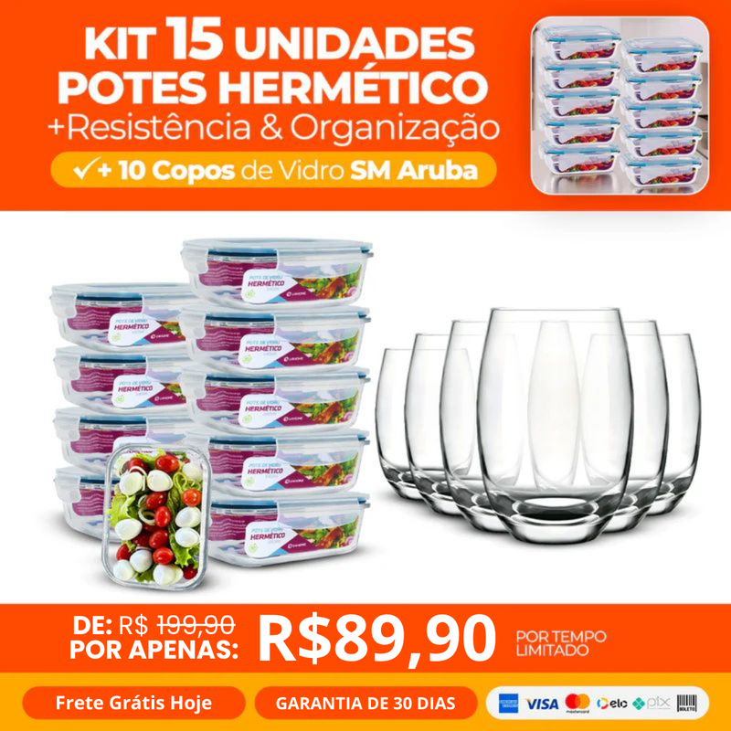 Kit 15 Potes Herméticos de Vidro + 10 Copos Aruba de Brinde